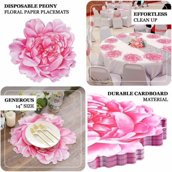 Eco-Friendly Natural Tableware |  10 Pack Pink Peony Flower Disposable Table Mats, 14″ Cardboard Paper Floral Placemats – 400GSM