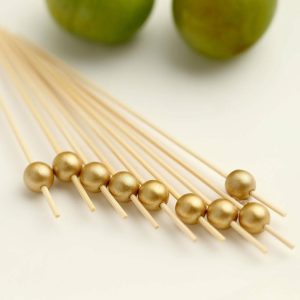 Eco-Friendly Natural Tableware |  100 Pack 4.5″ Gold Pearl Bamboo Skewers Cocktail Picks, Stir Sticks, Eco Friendly