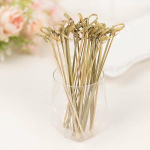 Eco-Friendly Natural Tableware |  100 Pack Eco Friendly Twisted Knot Cocktail Sticks, 6″ Decorative Top Bamboo Skewers Party Picks