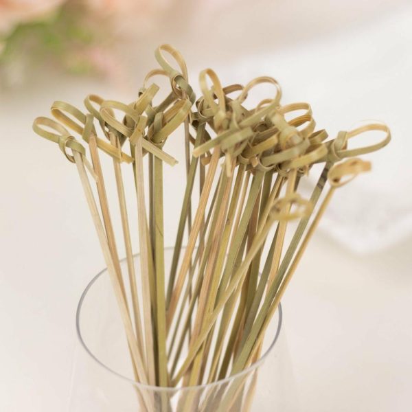 Eco-Friendly Natural Tableware |  100 Pack Eco Friendly Twisted Knot Cocktail Sticks, 6″ Decorative Top Bamboo Skewers Party Picks