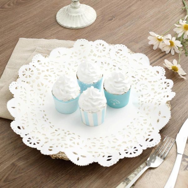 Eco-Friendly Natural Tableware |  100 Pcs 14″ Round White Lace Paper Doilies, Food Grade Paper Placemats