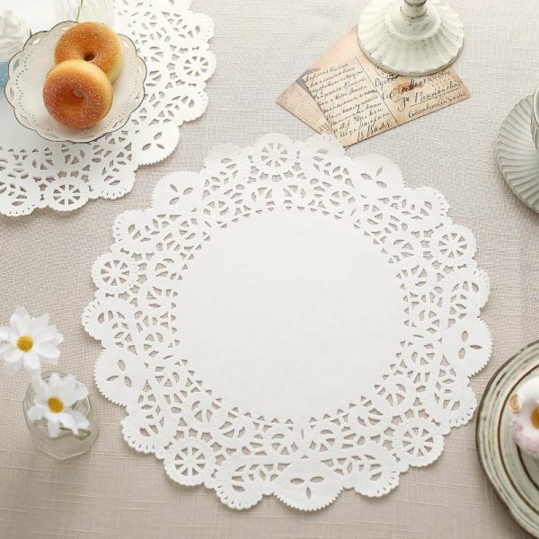 Eco-Friendly Natural Tableware |  100 Pcs 14″ Round White Lace Paper Doilies, Food Grade Paper Placemats