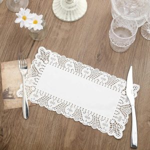 Eco-Friendly Natural Tableware |  100 Pcs 6″x12″ Rectangle White Lace Paper Doilies, Food Grade Paper Placemats