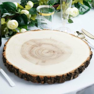 Eco-Friendly Natural Tableware |  15″ Dia Natural Wood Charger Plates With Bark Edge Wood Slice Chargers Rustic Wedding Table Settings