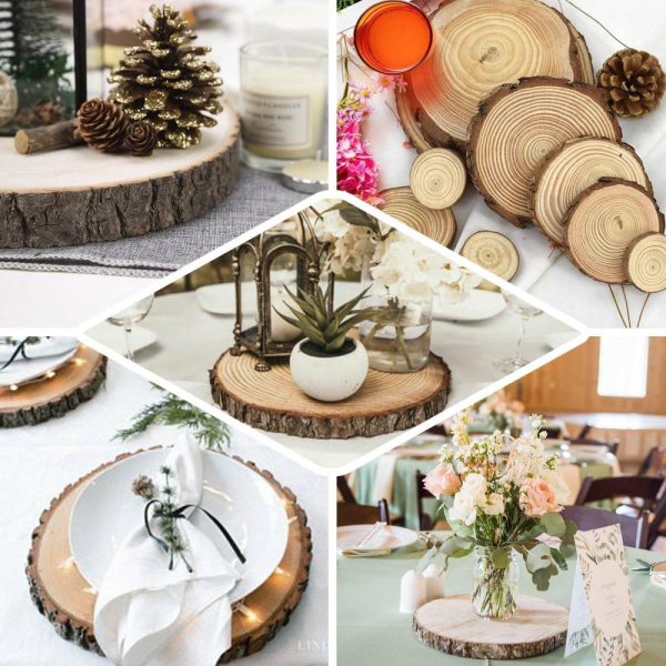 Eco-Friendly Natural Tableware |  15″ Dia Natural Wood Charger Plates With Bark Edge Wood Slice Chargers Rustic Wedding Table Settings