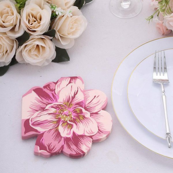 Eco-Friendly Natural Tableware |  20 Pack Pink Peony Flower Shaped 2-Ply Paper Beverage Napkins For Wedding Shower, Elegant Disposable Party Cocktail Napkins