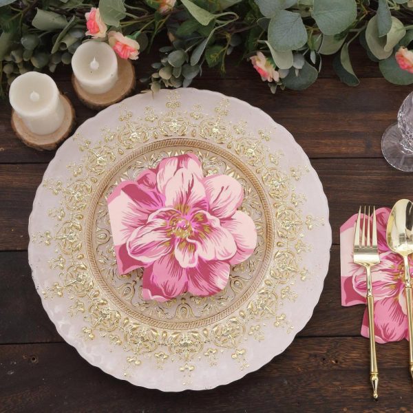 Eco-Friendly Natural Tableware |  20 Pack Pink Peony Flower Shaped 2-Ply Paper Beverage Napkins For Wedding Shower, Elegant Disposable Party Cocktail Napkins