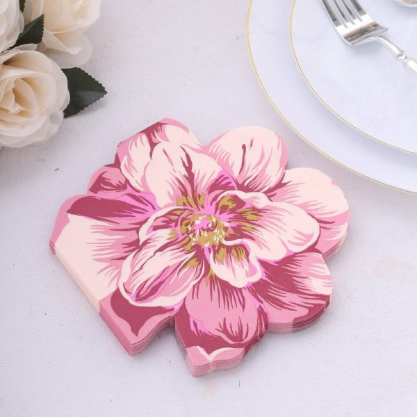 Eco-Friendly Natural Tableware |  20 Pack Pink Peony Flower Shaped 2-Ply Paper Beverage Napkins For Wedding Shower, Elegant Disposable Party Cocktail Napkins