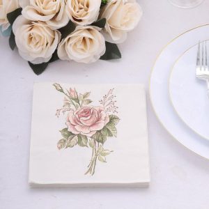 Eco-Friendly Natural Tableware |  20 Pack Vintage Pink Ivory Rose Paper Cocktail Napkins, Elegant Tea Party Disposable Beverage Napkins – 18 GSM