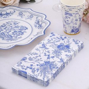 Eco-Friendly Natural Tableware |  20 Pack White Blue 2-Ply Disposable Party Napkins in French Toile Pattern, Highly Absorbent Soft Disposable Dinner Napkins