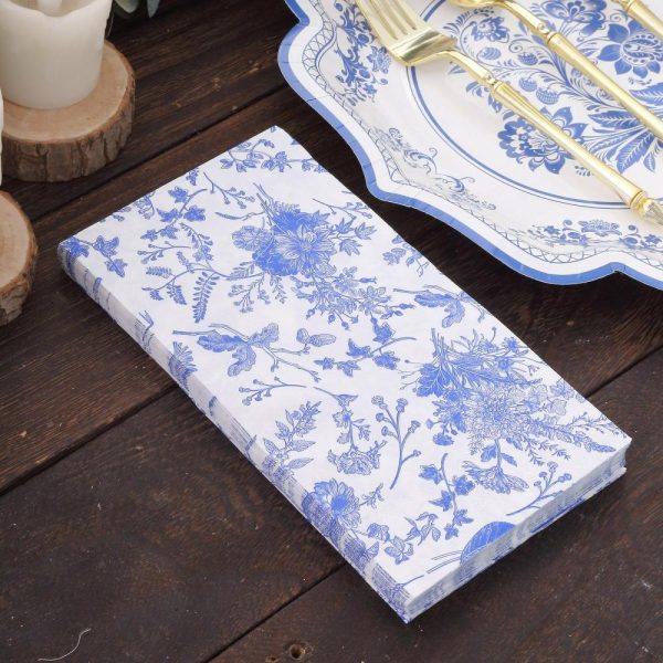 Eco-Friendly Natural Tableware |  20 Pack White Blue 2-Ply Disposable Party Napkins in French Toile Pattern, Highly Absorbent Soft Disposable Dinner Napkins