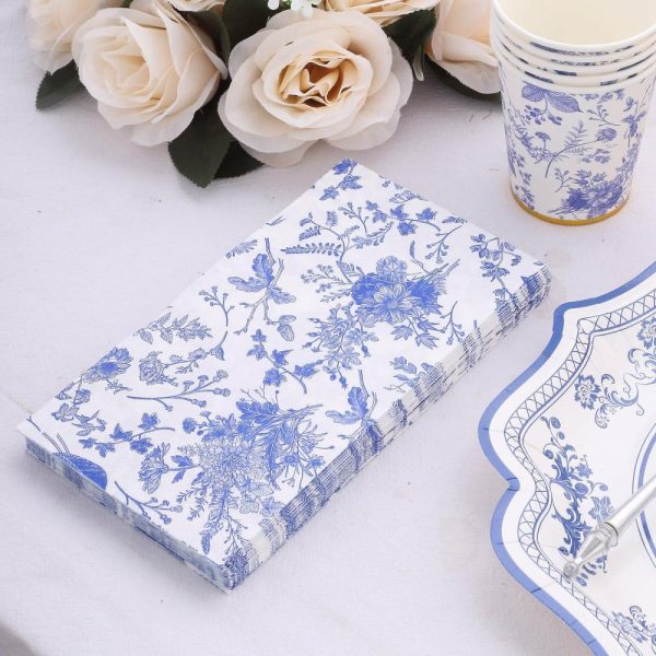 Eco-Friendly Natural Tableware |  20 Pack White Blue 2-Ply Disposable Party Napkins in French Toile Pattern, Highly Absorbent Soft Disposable Dinner Napkins