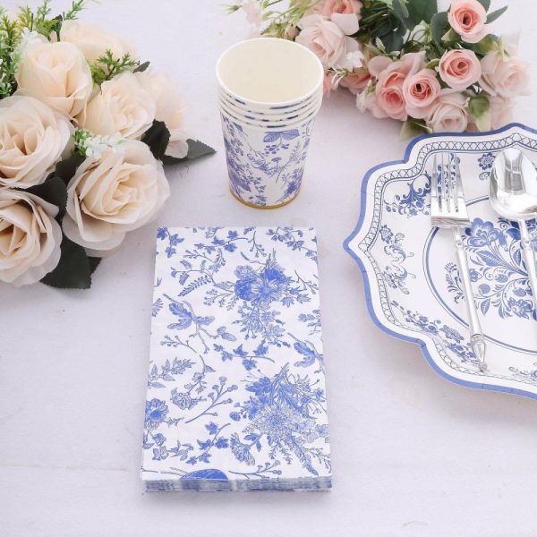 Eco-Friendly Natural Tableware |  20 Pack White Blue 2-Ply Disposable Party Napkins in French Toile Pattern, Highly Absorbent Soft Disposable Dinner Napkins