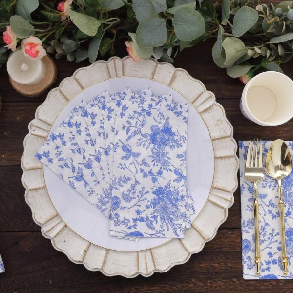 Eco-Friendly Natural Tableware |  20 Pack White Blue 2-Ply Disposable Party Napkins in French Toile Pattern, Highly Absorbent Soft Disposable Dinner Napkins