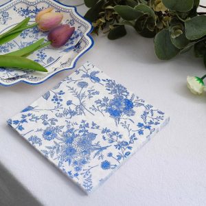 Eco-Friendly Natural Tableware |  20 Pack White Blue 2-Ply Paper Beverage Napkins in French Toile Print, Highly Absorbent Soft Disposable Cocktail Napkins