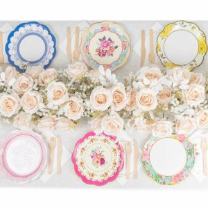 Eco-Friendly Natural Tableware |  24 Pack 9″ Vintage Mixed Floral Disposable Dinner Plates With Scalloped Edge, Round Paper Party Plates