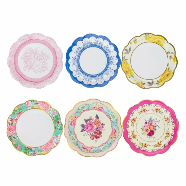 Eco-Friendly Natural Tableware |  24 Pack 9″ Vintage Mixed Floral Disposable Dinner Plates With Scalloped Edge, Round Paper Party Plates