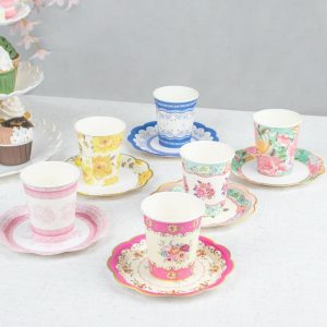 Eco-Friendly Natural Tableware |  24 Pack Vintage Mixed Floral Disposable Cup And Saucer Set, Paper Tea Party Supplies Kit