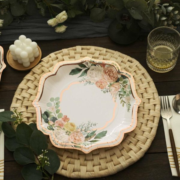 Eco-Friendly Natural Tableware |  25 Pack 10″ White Rose Gold Floral Scallop Rim Dinner Paper Plates, Disposable Party Plates – 300 GSM