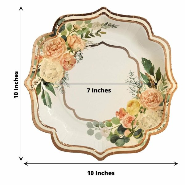 Eco-Friendly Natural Tableware |  25 Pack 10″ White Rose Gold Floral Scallop Rim Dinner Paper Plates, Disposable Party Plates – 300 GSM