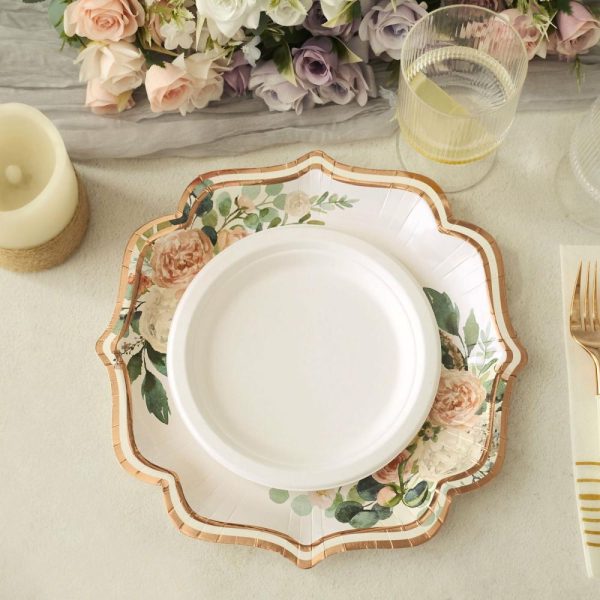 Eco-Friendly Natural Tableware |  25 Pack 10″ White Rose Gold Floral Scallop Rim Dinner Paper Plates, Disposable Party Plates – 300 GSM