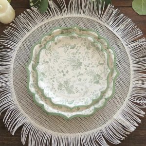 Eco-Friendly Natural Tableware |  25 Pack Sage Green Disposable Dessert Plates in French Toile Floral Pattern, 8″ Salad Appetizer Paper Plates with Scalloped Rims – 300 GSM