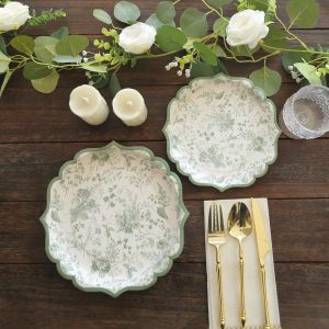 Eco-Friendly Natural Tableware |  25 Pack Sage Green Disposable Party Plates in French Toile Floral Pattern, 10″ Paper Dinner Plates with Scalloped Rims – 300 GSM