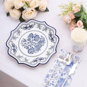 Eco-Friendly Natural Tableware |  25 Pack White Blue Disposable Party Plates in French Toile Floral Pattern, 10″ Paper Dinner Plates with Scalloped Rims – 300 GSM