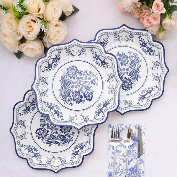 Eco-Friendly Natural Tableware |  25 Pack White Blue Disposable Party Plates in French Toile Floral Pattern, 10″ Paper Dinner Plates with Scalloped Rims – 300 GSM