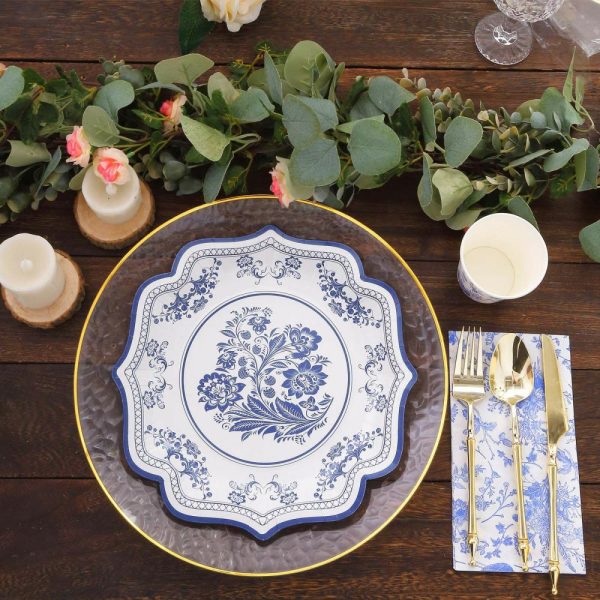 Eco-Friendly Natural Tableware |  25 Pack White Blue Disposable Party Plates in French Toile Floral Pattern, 10″ Paper Dinner Plates with Scalloped Rims – 300 GSM