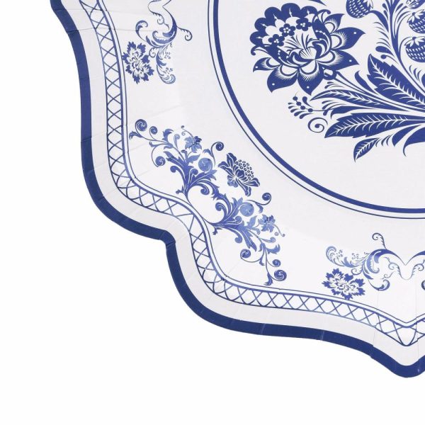 Eco-Friendly Natural Tableware |  25 Pack White Blue Disposable Party Plates in French Toile Floral Pattern, 10″ Paper Dinner Plates with Scalloped Rims – 300 GSM