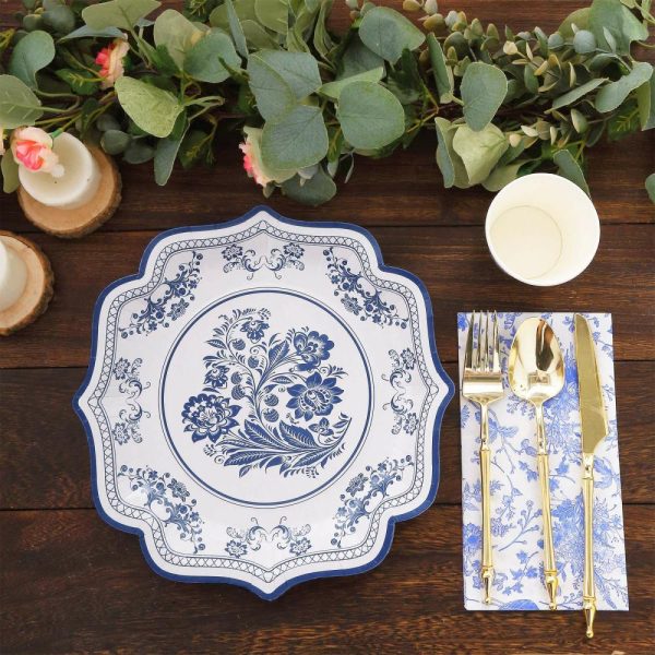 Eco-Friendly Natural Tableware |  25 Pack White Blue Disposable Party Plates in French Toile Floral Pattern, 10″ Paper Dinner Plates with Scalloped Rims – 300 GSM