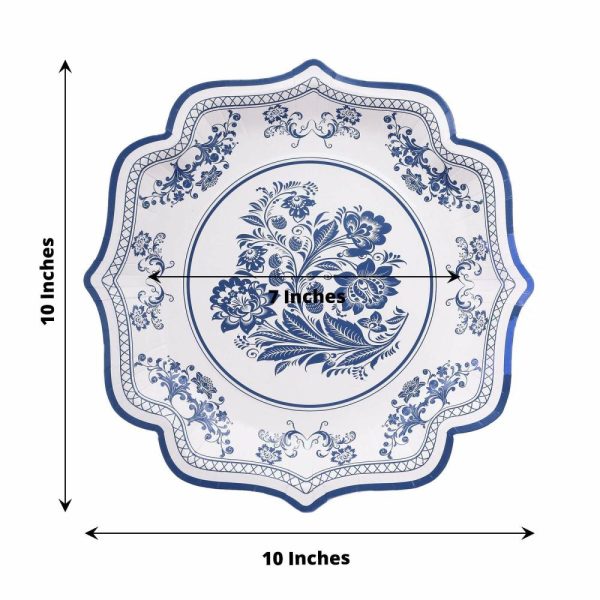 Eco-Friendly Natural Tableware |  25 Pack White Blue Disposable Party Plates in French Toile Floral Pattern, 10″ Paper Dinner Plates with Scalloped Rims – 300 GSM