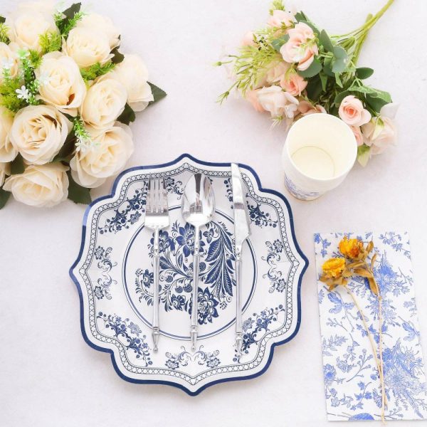 Eco-Friendly Natural Tableware |  25 Pack White Blue Disposable Party Plates in French Toile Floral Pattern, 10″ Paper Dinner Plates with Scalloped Rims – 300 GSM