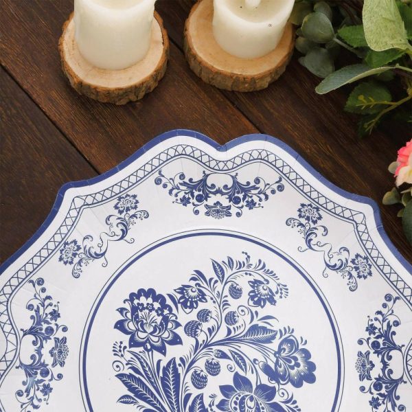 Eco-Friendly Natural Tableware |  25 Pack White Blue Disposable Party Plates in French Toile Floral Pattern, 10″ Paper Dinner Plates with Scalloped Rims – 300 GSM