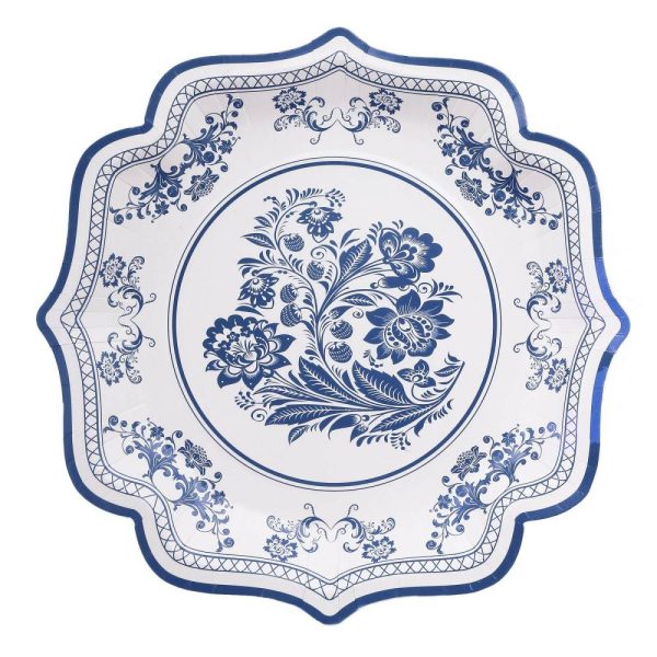 Eco-Friendly Natural Tableware |  25 Pack White Blue Disposable Party Plates in French Toile Floral Pattern, 10″ Paper Dinner Plates with Scalloped Rims – 300 GSM