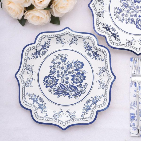 Eco-Friendly Natural Tableware |  25 Pack White Blue Disposable Party Plates in French Toile Floral Pattern, 10″ Paper Dinner Plates with Scalloped Rims – 300 GSM