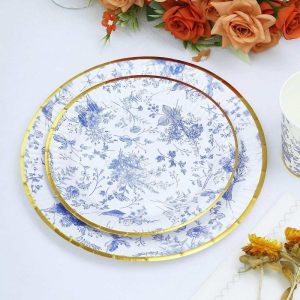 Eco-Friendly Natural Tableware |  25 Pack White Blue French Toile Disposable Dinner Plates with Gold Rim, 9″ Round Paper Party Plates