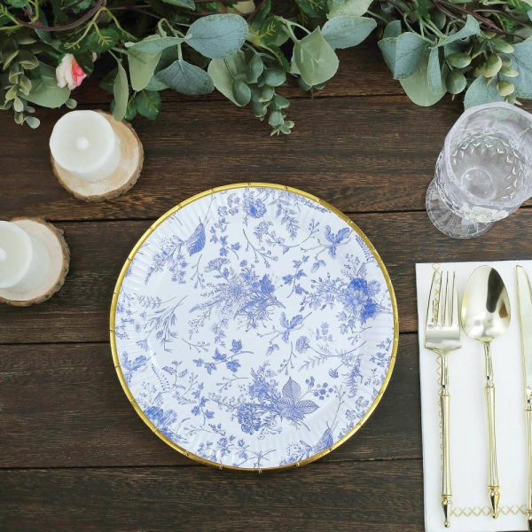 Eco-Friendly Natural Tableware |  25 Pack White Blue French Toile Disposable Dinner Plates with Gold Rim, 9″ Round Paper Party Plates