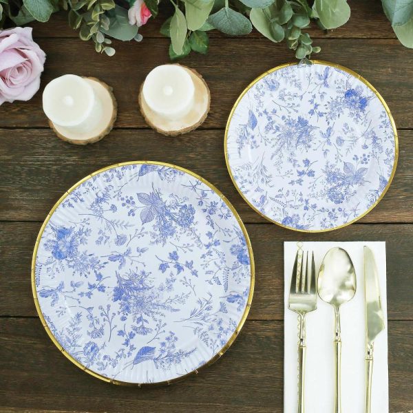 Eco-Friendly Natural Tableware |  25 Pack White Blue French Toile Disposable Dinner Plates with Gold Rim, 9″ Round Paper Party Plates