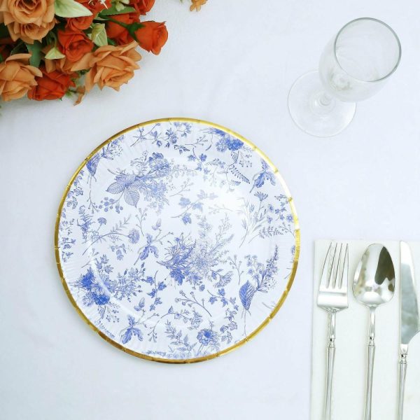 Eco-Friendly Natural Tableware |  25 Pack White Blue French Toile Disposable Dinner Plates with Gold Rim, 9″ Round Paper Party Plates