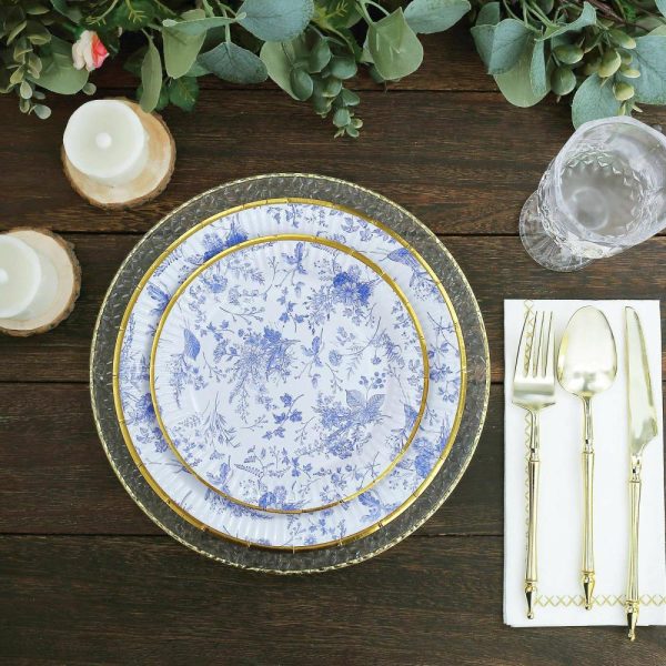 Eco-Friendly Natural Tableware |  25 Pack White Blue French Toile Disposable Dinner Plates with Gold Rim, 9″ Round Paper Party Plates