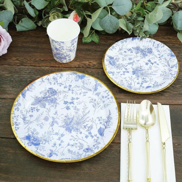 Eco-Friendly Natural Tableware |  25 Pack White Blue French Toile Disposable Dinner Plates with Gold Rim, 9″ Round Paper Party Plates