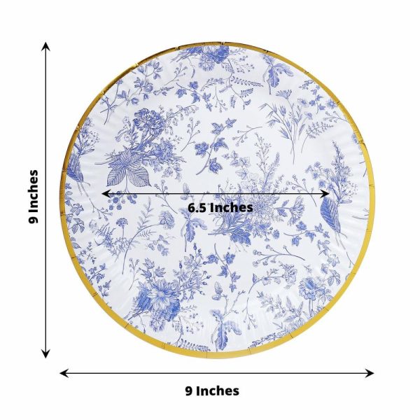 Eco-Friendly Natural Tableware |  25 Pack White Blue French Toile Disposable Dinner Plates with Gold Rim, 9″ Round Paper Party Plates