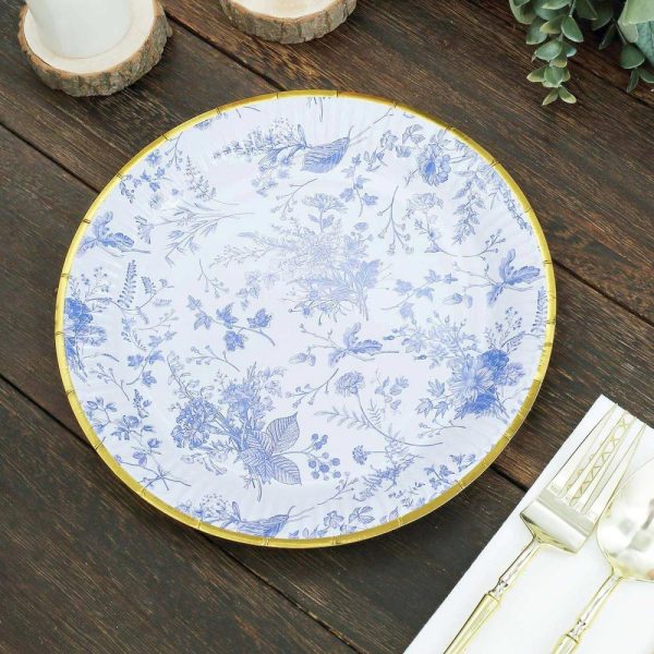 Eco-Friendly Natural Tableware |  25 Pack White Blue French Toile Disposable Dinner Plates with Gold Rim, 9″ Round Paper Party Plates