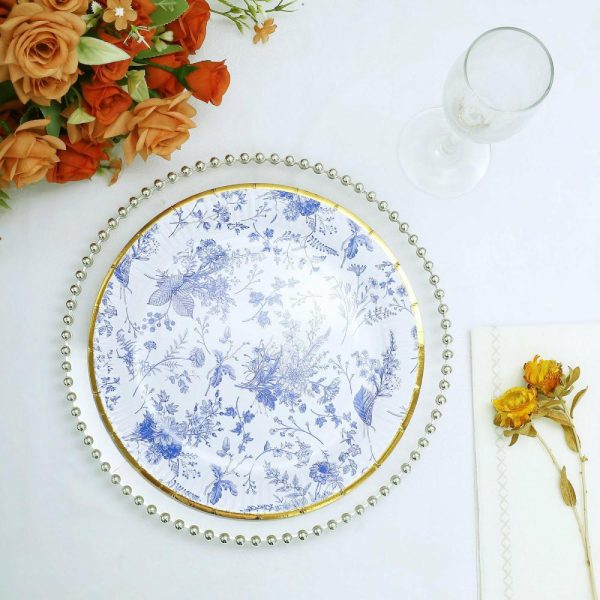 Eco-Friendly Natural Tableware |  25 Pack White Blue French Toile Disposable Dinner Plates with Gold Rim, 9″ Round Paper Party Plates