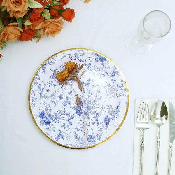 Eco-Friendly Natural Tableware |  25 Pack White Blue French Toile Disposable Dinner Plates with Gold Rim, 9″ Round Paper Party Plates