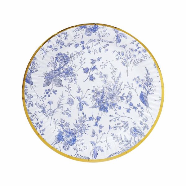 Eco-Friendly Natural Tableware |  25 Pack White Blue French Toile Disposable Dinner Plates with Gold Rim, 9″ Round Paper Party Plates