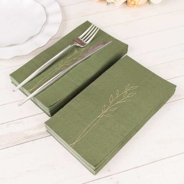 Eco-Friendly Natural Tableware |  50 Pack Olive Green 2 Ply Paper Dinner Napkins with Gold Embossed Leaf, Soft Disposable Wedding Party Napkins – 18 GSM