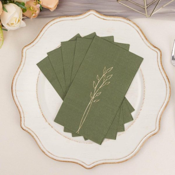 Eco-Friendly Natural Tableware |  50 Pack Olive Green 2 Ply Paper Dinner Napkins with Gold Embossed Leaf, Soft Disposable Wedding Party Napkins – 18 GSM